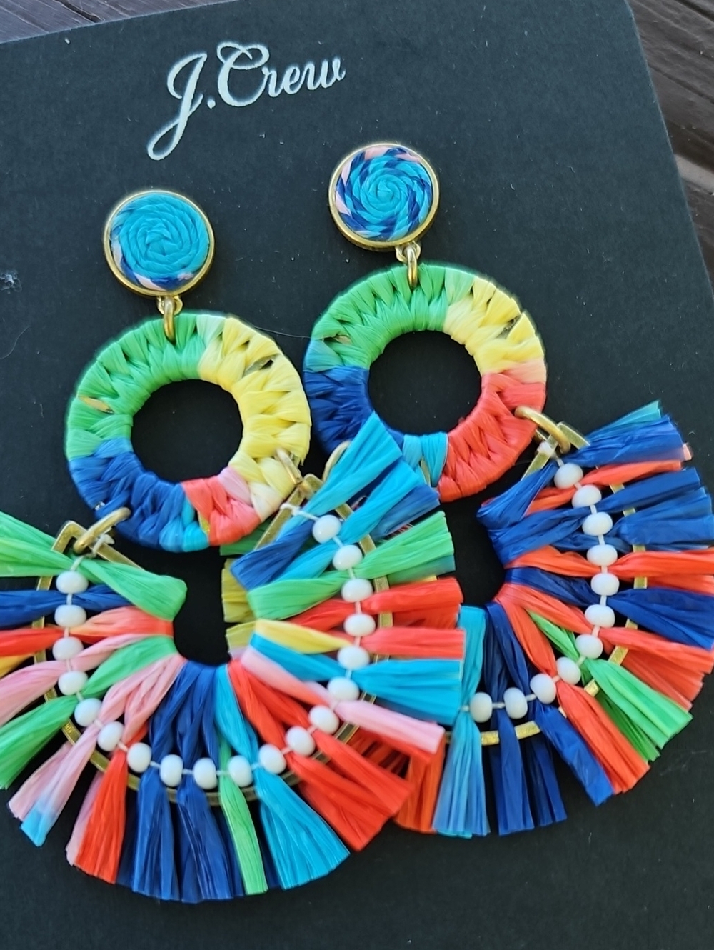 J. Crew Rainbow Raffia Fringe Hoop Earrings, 3" Long